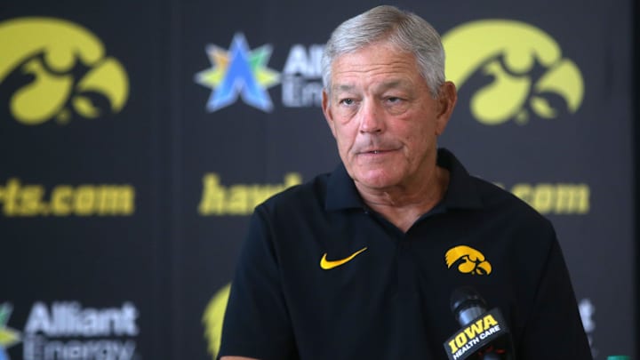 Iowa football Head Coach Kirk Ferentz announces his one-game suspension due to improper contact with an athlete not-year in the transfer portal Thursday, Aug. 22, 2024 in Iowa City, Iowa.