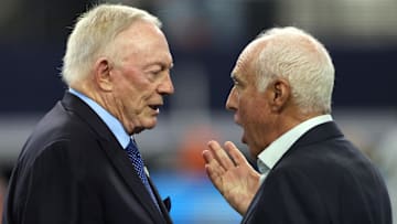 Nov 10, 2024; Arlington, Texas, USA; (L to R) Dallas Cowboys owner Jerry Jones talks to Philadelphia Eagles owner Jeffrey Lurie before the game at AT&T Stadium. Mandatory Credit: Tim Heitman-Imagn Images