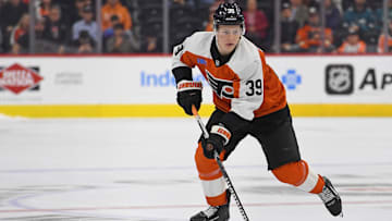 Nov 11, 2024; Philadelphia, Pennsylvania, USA; Philadelphia Flyers right wing Matvei Michkov (39) against the San Jose Sharks during the shootout period at Wells Fargo Center. Mandatory Credit: Eric Hartline-Imagn Images
