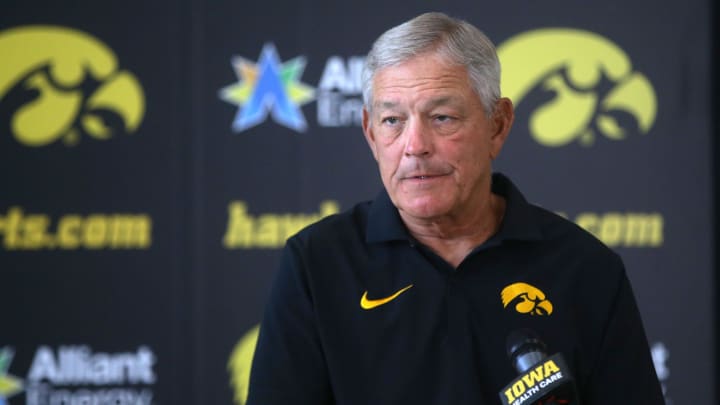 Iowa football Head Coach Kirk Ferentz announces his one-game suspension due to improper contact with an athlete not-year in the transfer portal Thursday, Aug. 22, 2024 in Iowa City, Iowa.