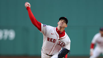 May 20, 2025; Boston, Massachusetts, USA; Boston Red Sox starting pitcher Walker Buehler (0) delivers a pitch during the first inning against the New York Mets at Fenway Park. Mandatory Credit: Paul Rutherford-Imagn Images