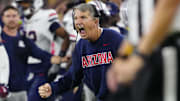 Arizona head coach Brent Brennan celebrates during a game against Arizona State at Mountain America Stadium in Tempe on Nov. 28, 2025.