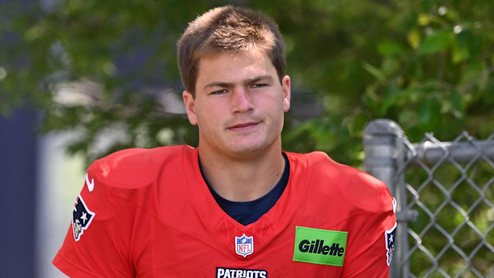 Jul 28, 2025; Foxborough, MA, USA; New England Patriots quarterback Drake Maye (10) heads to the practice fields for training camp at Gillette Stadium. Mandatory Credit: Eric Canha-Imagn Images