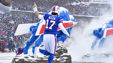 Buffalo Bills quarterback Josh Allen enters the field before the game against the Cincinnati Bengals at Highmark Stadium.