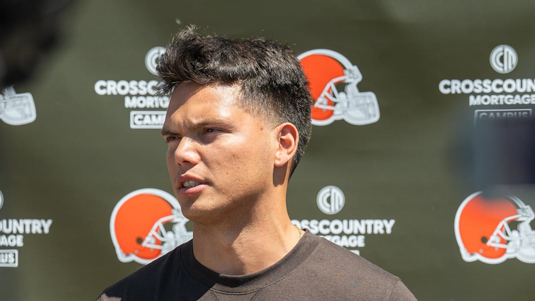 May 10, 2025; Berea, OH, USA; Cleveland Browns quarterback Dillon Gabriel (5) talks to the media during rookie minicamp at CrossCountry Mortgage Campus. Mandatory Credit: Ken Blaze-Imagn Images