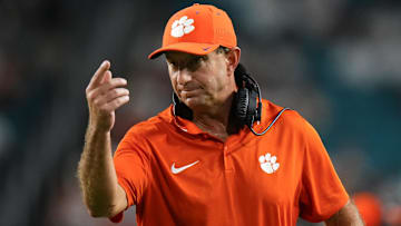 Oct 21, 2023; Miami Gardens, Florida, USA; Clemson Tigers head coach looks on against the Miami Hurricanes during the fourth quarter at Hard Rock Stadium