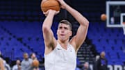 Jan 9, 2025; Orlando, Florida, USA; Minnesota Timberwolves center Luka Garza (55) warms up before the game against the Orlando Magic at Kia Center. Mandatory Credit: Mike Watters-Imagn Images