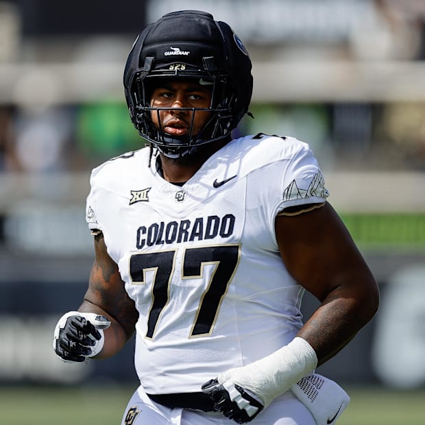 Apr 19, 2025; Boulder, CO, USA; Colorado Buffaloes offensive tackle Jordan Seaton (77) during the spring game at Folsom Field