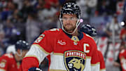 May 11, 2025; Sunrise, Florida, USA; Florida Panthers center Aleksander Barkov (16) warms up against the Toronto Maple Leafs before game four of the second round of the 2025 Stanley Cup Playoffs at Amerant Bank Arena. Mandatory Credit: Kim Klement Neitzel-Imagn Images