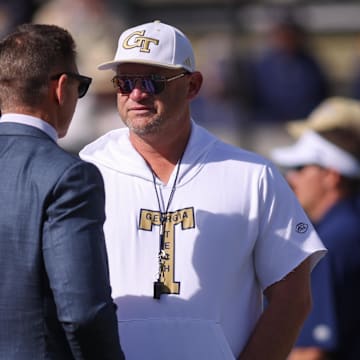 Oct 25, 2025; Atlanta, Georgia, USA; Georgia Tech Yellow Jackets head coach Brent Key on the field before a game against the Syracuse Orange at Bobby Dodd Stadium at Hyundai Field. Mandatory Credit: Brett Davis-Imagn Images
