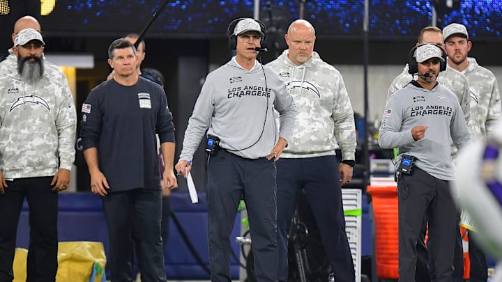 Nov 25, 2024; Inglewood, California, USA; Los Angeles Chargers head coach Jim Harbaugh watches game action against the Baltimore Ravens during the first half at SoFi Stadium. Mandatory Credit: Gary A. Vasquez-Imagn Images