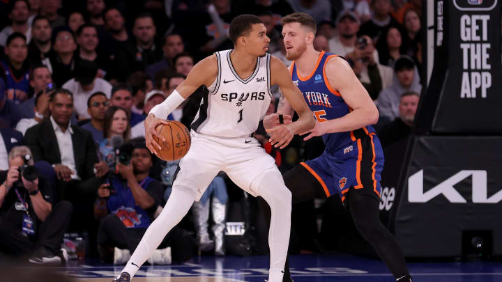 Nov 8, 2023; New York, New York, USA; San Antonio Spurs center Victor Wembanyama (1) controls the ball against New York Knicks center Isaiah Hartenstein (55) during the fourth quarter at Madison Square Garden. Mandatory Credit: Brad Penner-USA TODAY Sports