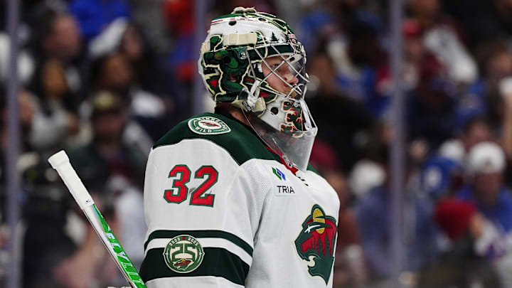 May 5, 2026; Denver, Colorado, USA; Minnesota Wild goaltender Filip Gustavsson (32) in net against the Colorado Avalanche during the second period in game two of the second round of the 2026 Stanley Cup Playoffs at Ball Arena. Mandatory Credit: Ron Chenoy-Imagn Images