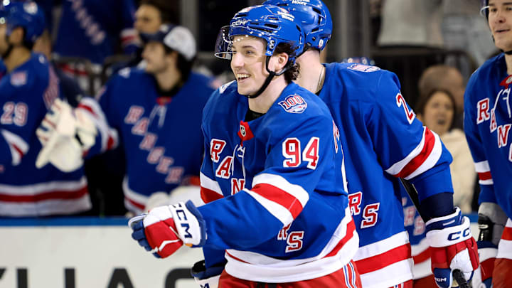 Apr 4, 2026; New York, New York, USA; New York Rangers right wing Gabe Perreault (94) celebrates his second goal against the Detroit Red Wings during the third period at Madison Square Garden. Mandatory Credit: Danny Wild-Imagn Images