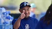 Feb 15, 2024; Peoria, AZ, USA; Former Seattle Mariners player Ichiro Suzuki reacts during a Spring Training workout at Peoria Sports Complex.