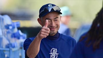 Feb 15, 2024; Peoria, AZ, USA; Former Seattle Mariners player Ichiro Suzuki reacts during a Spring Training workout at Peoria Sports Complex.