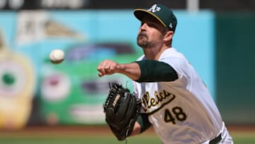 Sep 7, 2024; Oakland, California, USA; Oakland Athletics pitcher T.J. McFarland (48) throws a pitch against the Detroit Tigers during the seventh inning at Oakland-Alameda County Coliseum. Mandatory Credit: Robert Edwards-Imagn Images