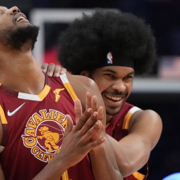 Feb 19, 2022; Cleveland, OH, USA; Team Cavs player Evan Mobley (4) and Team Cavs player Jarrett Allen (31) celebrate after winning the Skills Challenge during the 2022 NBA All-Star Saturday Night at Rocket Mortgage Field House. Mandatory Credit: Kyle Terada-USA TODAY Sports