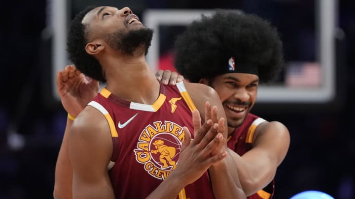 Feb 19, 2022; Cleveland, OH, USA; Team Cavs player Evan Mobley (4) and Team Cavs player Jarrett Allen (31) celebrate after winning the Skills Challenge during the 2022 NBA All-Star Saturday Night at Rocket Mortgage Field House. Mandatory Credit: Kyle Terada-USA TODAY Sports