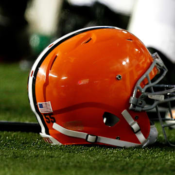 Dec 8, 2013; Foxborough, MA, USA; A Cleveland Browns helmet sits on the sidelines during the fourth quarter of New England's 27-26 win at Gillette Stadium. Mandatory Credit: Winslow Townson-Imagn Images