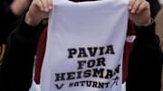 A Vanderbilt fan holds a Pavia for Heisman towel during the first quarter action against Tennessee at Neyland Stadium in Knoxville, Tenn., Saturday, Nov. 29, 2025.