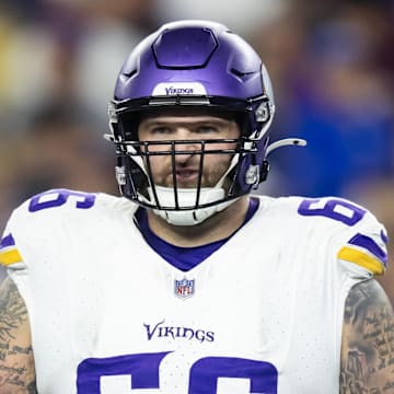 Jan 13, 2025; Glendale, AZ, USA; Minnesota Vikings guard Dalton Risner (66) against the Los Angeles Rams during an NFC wild card game at State Farm Stadium. Mandatory Credit: Mark J. Rebilas-Imagn Images