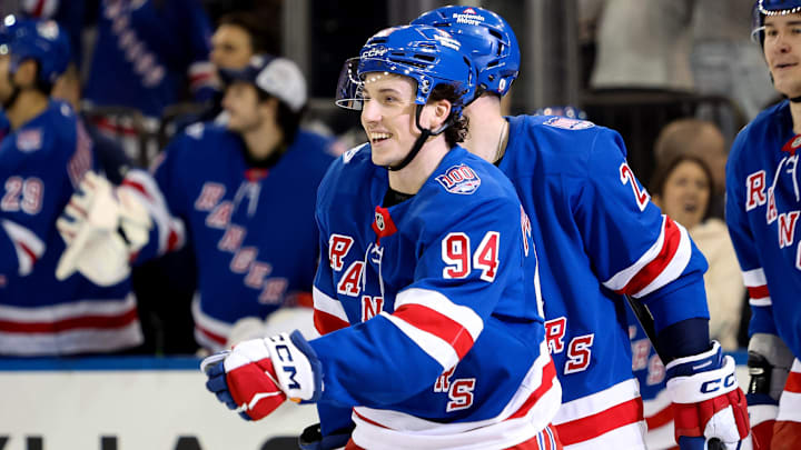 Apr 4, 2026; New York, New York, USA; New York Rangers right wing Gabe Perreault (94) celebrates his second goal against the Detroit Red Wings during the third period at Madison Square Garden.
