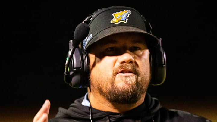 Chiefland Indians head coach Adam Gore coaches from the sidelines in the first half. The Keystone Heights Indians hosted the Chiefland Indians at Keystone Heights High School in Keystone Heights, FL on Friday, October 18, 2024. Chiefland lead 41-0 at the half. [Doug Engle/Ocala Star Banner]