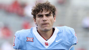 Oct 4, 2025; Houston, Texas, USA; Houston Cougars quarterback Conner Weigman (1) warm up before playing against Texas Tech Red Raiders at TDECU Stadium. Mandatory Credit: Thomas Shea-Imagn Images