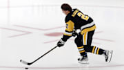 Oct 9, 2024; Pittsburgh, Pennsylvania, USA;  Pittsburgh Penguins right wing Rutger McGroarty (2) takes his rookie lap before making his NHL debut against the New York Rangers at PPG Paints Arena. Mandatory Credit: Charles LeClaire-Imagn Images