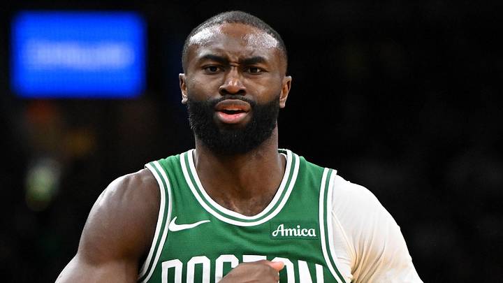 Boston Celtics forward Jaylen Brown (7) reacts after scoring against the New York Knicks during the second half at the TD Garden on December 2, 2025.