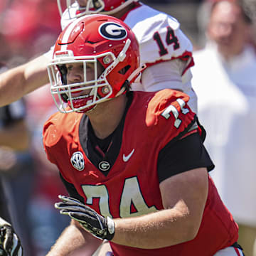 Apr 12, 2025; Athens, GA, USA; Georgia Bulldogs offensive lineman Drew Bobo (74) blocks during the Georgia Spring game at Sanford Stadium. Mandatory Credit: Dale Zanine-Imagn Images