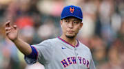 Jun 6, 2025; Denver, Colorado, USA; New York Mets starting pitcher Kodai Senga (34) in the first inning against the Colorado Rockies at Coors Field. Mandatory Credit: Isaiah J. Downing-Imagn Images