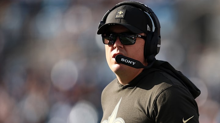 New Orleans Saints head coach Kellen Moore looks on during a game against the Carolina Panthers on Nov. 9, 2025.