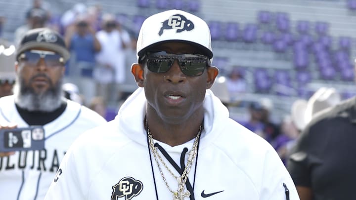 Sep 2, 2023; Fort Worth, Texas, USA; Colorado Buffaloes head coach Deion Sanders walks on the field before the game against the TCU Horned Frogs at Amon G. Carter Stadium. Mandatory Credit: Tim Heitman-Imagn Images