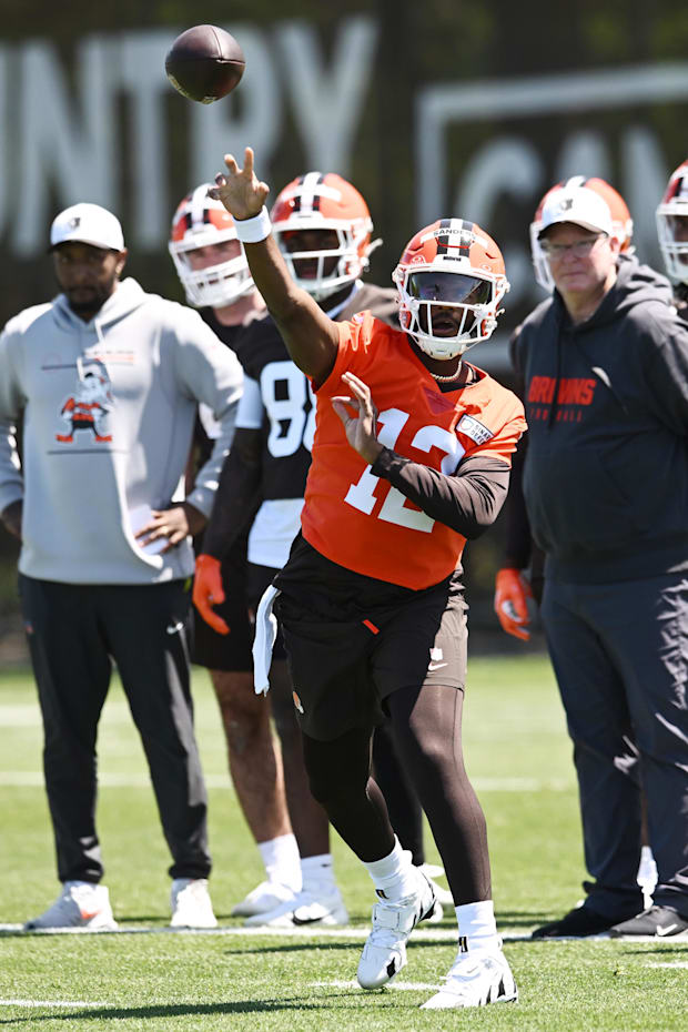 May 9, 2025; Berea, OH, USA; Cleveland Browns quarterback Shedeur Sanders (12) throws a pass during rookie minicamp at CrossC