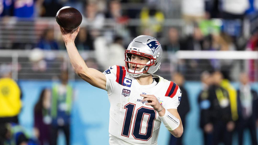 Feb 8, 2026; Santa Clara, CA, USA; New England Patriots quarterback Drake Maye (10) against the Seattle Seahawks during Super Bowl LX at Levi's Stadium. Mandatory Credit: Mark J. Rebilas-Imagn Images