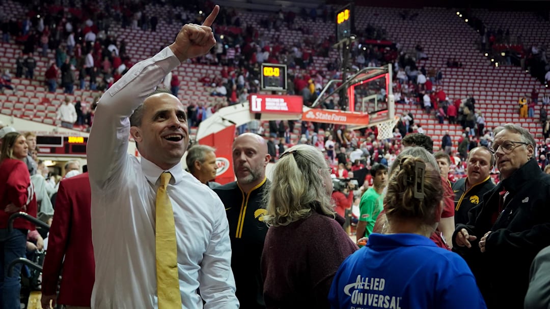 Jan 17, 2026; Bloomington, Indiana, USA; Iowa Hawkeyes head coach Ben McCollum celebrates after the game against the Indiana Hoosiers at Simon Skjodt Assembly Hall. Mandatory Credit: Robert Goddin-Imagn Images