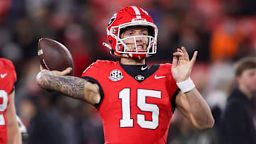 Nov 29, 2024; Athens, Georgia, USA; Georgia Bulldogs quarterback Carson Beck (15) prepares for a game against the Georgia Tech Yellow Jackets at Sanford Stadium. Mandatory Credit: Brett Davis-Imagn Images
