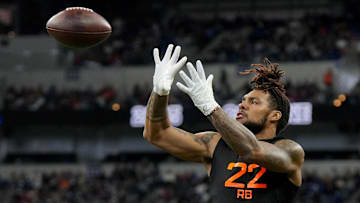 Mar 1, 2025; Indianapolis, IN, USA; Miami running back Damien Martinez (RB22) during the 2025 NFL Combine at Lucas Oil Stadium. Mandatory Credit: Kirby Lee-Imagn Images