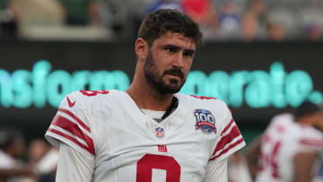 East Rutherford, NJ -- August 24, 2024 -- Quarterback, Daniel Jones of the Giants before the game. The New York Giants and New York Jets meet at MetLife Stadium in the final preseason game of the 2024 season for both teams.