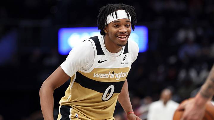 Jan 29, 2026; Washington, District of Columbia, USA; Washington Wizards guard Bilal Coulibaly (0) looks on during the second half against the Milwaukee Bucks at Capital One Arena. Mandatory Credit: Daniel Kucin Jr.-Imagn Images