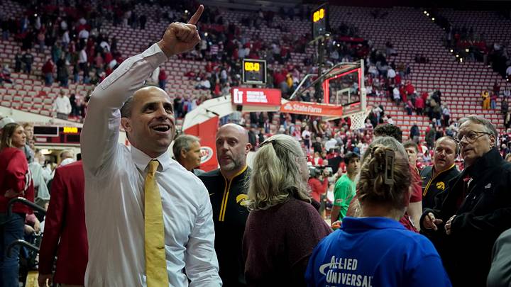 Jan 17, 2026; Bloomington, Indiana, USA; Iowa Hawkeyes head coach Ben McCollum celebrates after the game against the Indiana Hoosiers at Simon Skjodt Assembly Hall. Mandatory Credit: Robert Goddin-Imagn Images