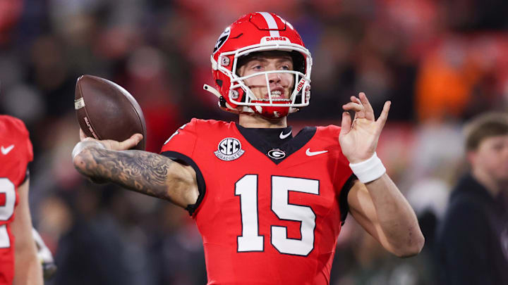 Nov 29, 2024; Athens, Georgia, USA; Georgia Bulldogs quarterback Carson Beck (15) prepares for a game against the Georgia Tech Yellow Jackets at Sanford Stadium. Mandatory Credit: Brett Davis-Imagn Images
