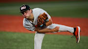Oregon State pitcher Wyatt Queen (19) throws a pitch in game 2 of the NCAA Super Regional against Florida State at Goss Stadium on Saturday, June 7, 2025 in Corvallis.