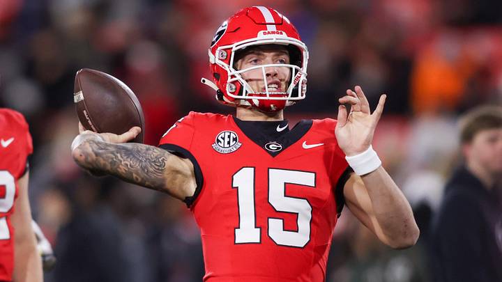 Nov 29, 2024; Athens, Georgia, USA; Georgia Bulldogs quarterback Carson Beck (15) prepares for a game against the Georgia Tech Yellow Jackets at Sanford Stadium. Mandatory Credit: Brett Davis-Imagn Images
