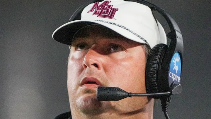 Nov 15, 2025; Columbia, Missouri, USA; Mississippi State Bulldogs head coach Jeff Lebby on field against the Missouri Tigers during the first half of the game at Faurot Field at Memorial Stadium. Mandatory Credit: Denny Medley-Imagn Images