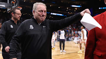 Mar 28, 2025; Atlanta, GA, USA; Michigan State Spartans head coach Tom Izzo celebrates after defeating the Mississippi Rebels in a South Regional semifinal of the 2025 NCAA tournament at State Farm Arena. Mandatory Credit: Brett Davis-Imagn Images