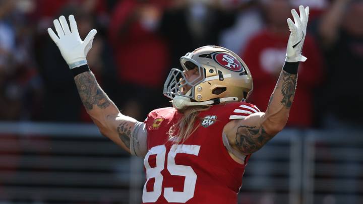 Sep 27, 2026; Santa Clara, California, USA;  San Francisco 49ers tight end George Kittle (85) reacts after scoring a touchdown Arizona Cardinals in the second half at Levi's Stadium.  Mandatory Credit: Sergio Estrada-Imagn Images