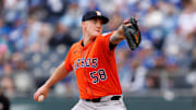 Apr 27, 2025; Kansas City, Missouri, USA; Houston Astros pitcher Hunter Brown (58) pitches during the first inning against the Kansas City Royals  at Kauffman Stadium.